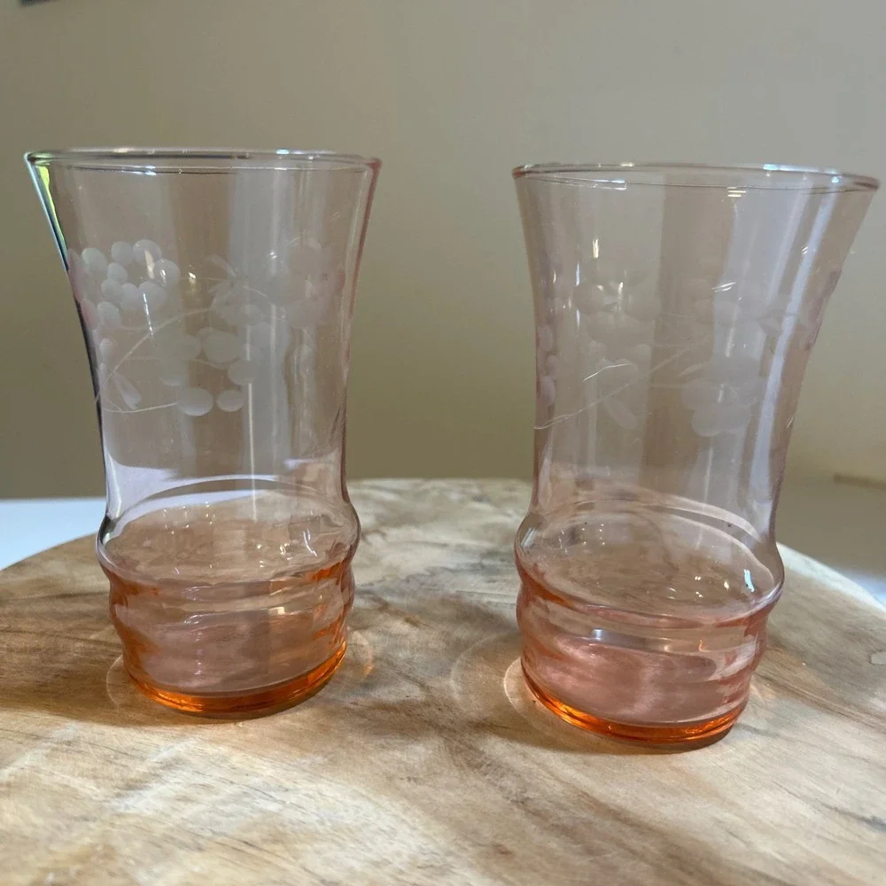 2- Pink Dunbar Depression Glass with etched floral design Hand Blown #9CC
